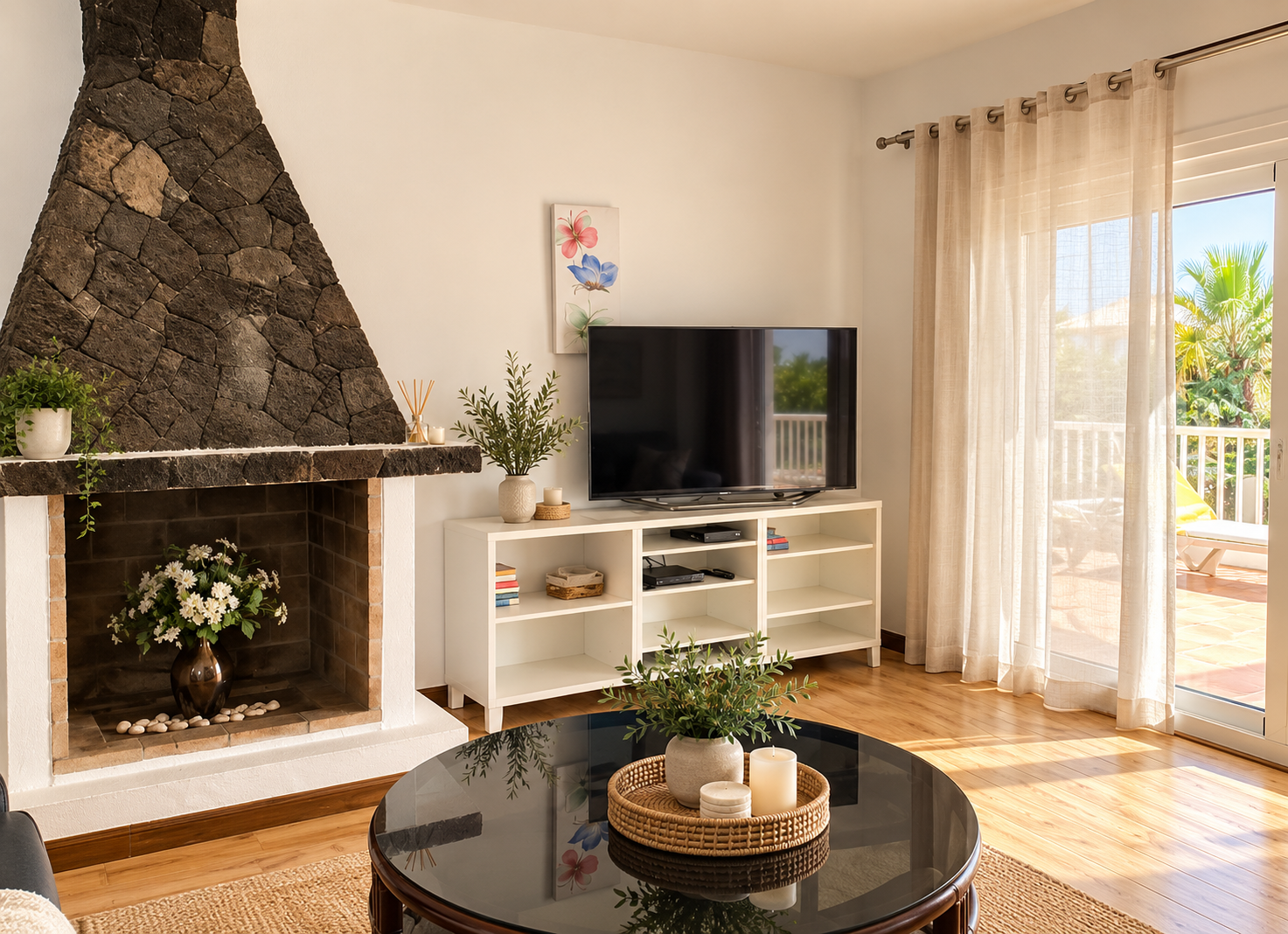 Lounge with lava-stone fireplace